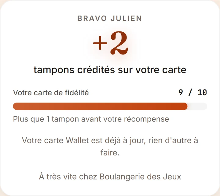 Écran de gain : tampons bonus crédités et progression vers la récompense